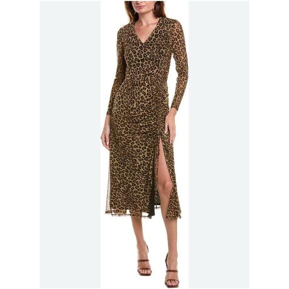 Taylor Stretch Mesh Animal Print Midi Dress Sz 4 Ruched Split - Picture 1 of 7